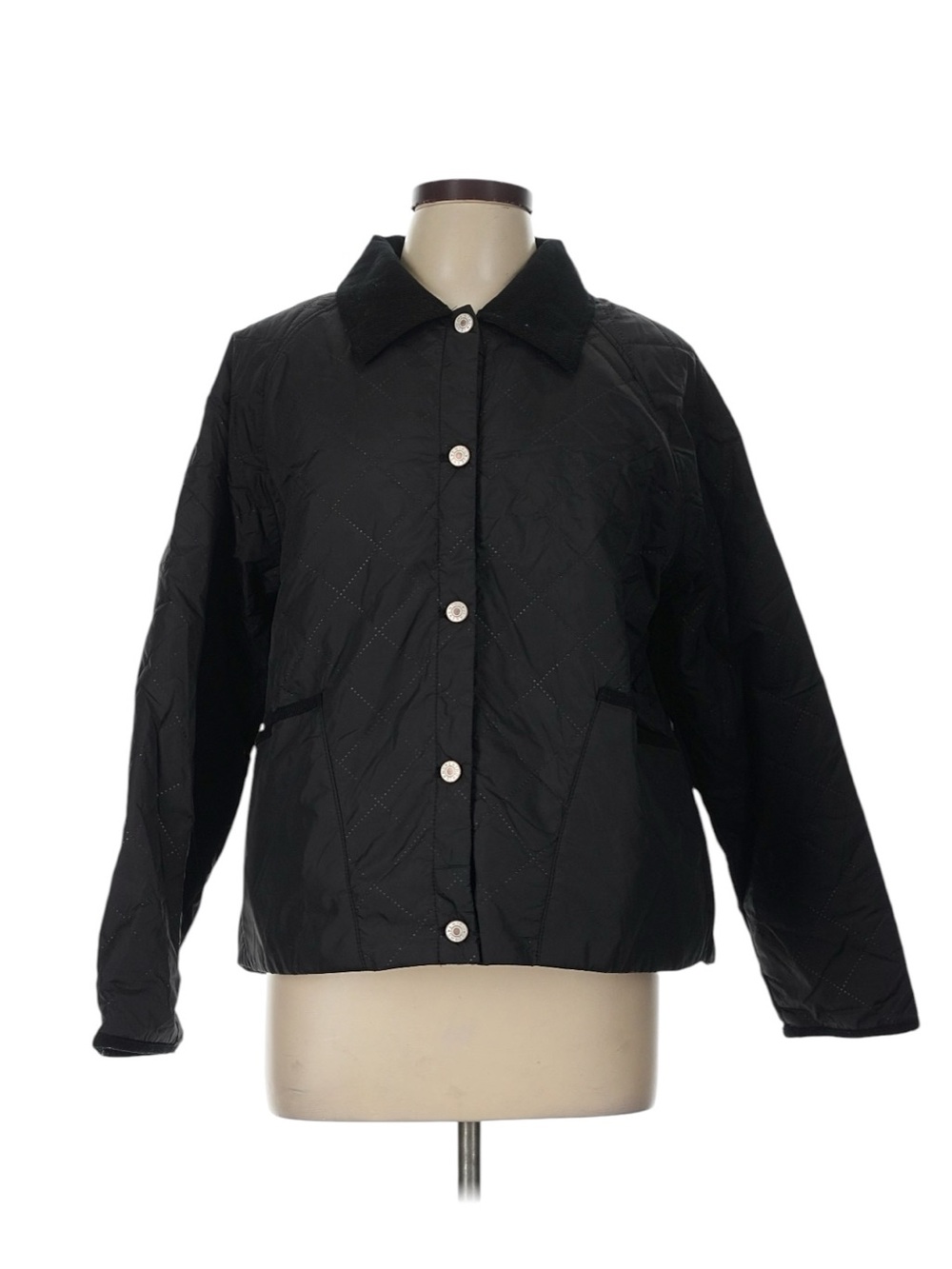 Entro Quilted Nylon Barn Jacket Size Large Black Oversized Corduroy Collar NWT